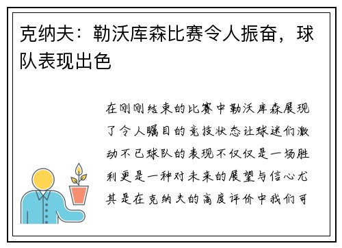 克纳夫：勒沃库森比赛令人振奋，球队表现出色